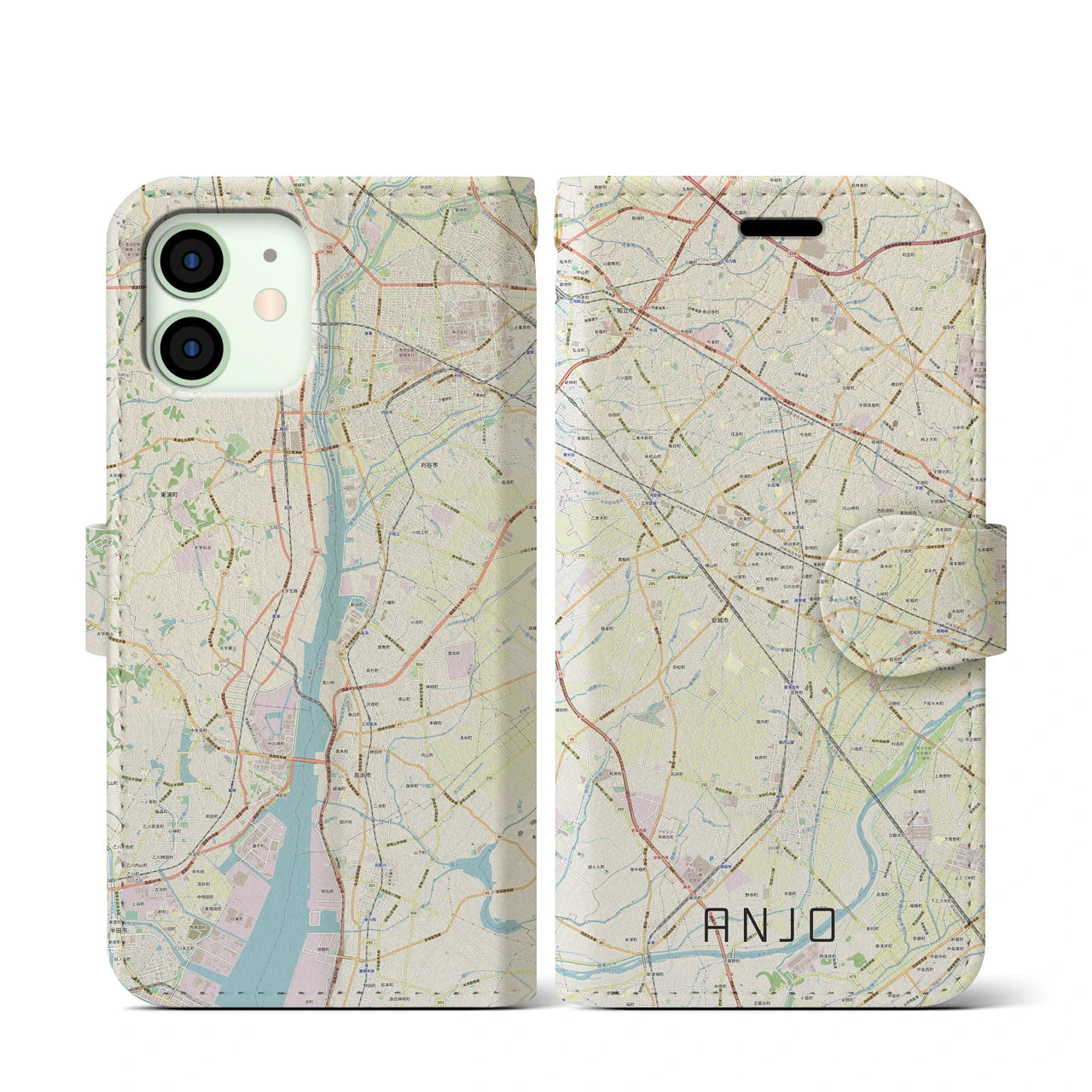 【安城(愛知県)】地図柄iPhoneケース(手帳タイプ)ナチュラル・iPhone 12 mini 用