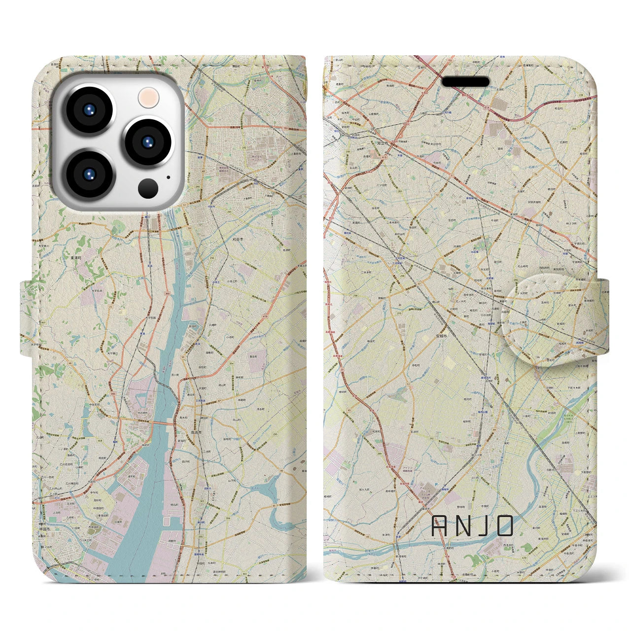 【安城(愛知県)】地図柄iPhoneケース(手帳タイプ)ナチュラル・iPhone 13 Pro 用