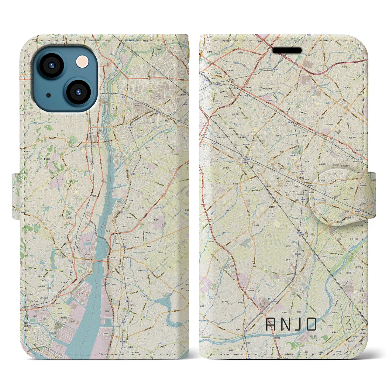 【安城(愛知県)】地図柄iPhoneケース(手帳タイプ)ナチュラル・iPhone 13 用