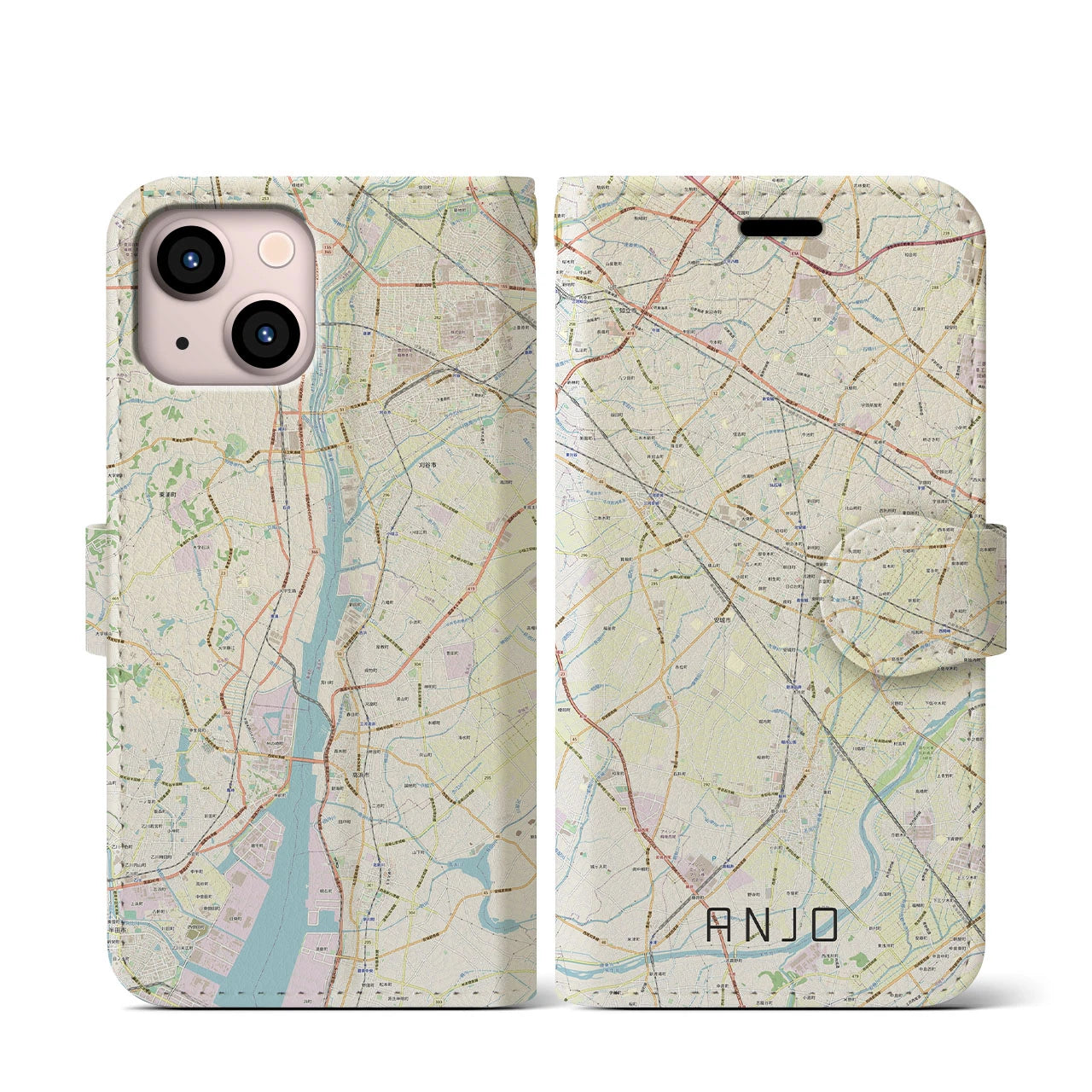 【安城(愛知県)】地図柄iPhoneケース(手帳タイプ)ナチュラル・iPhone 13 mini 用
