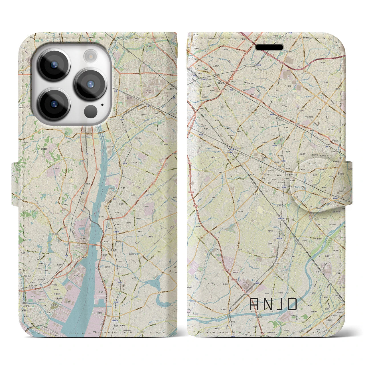 【安城(愛知県)】地図柄iPhoneケース(手帳タイプ)ナチュラル・iPhone 14 Pro 用