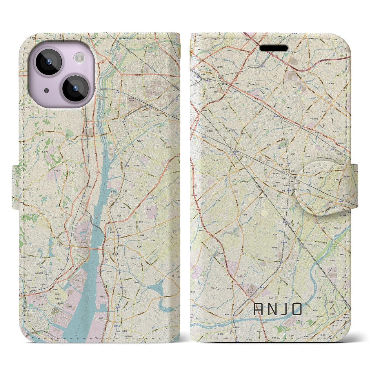 【安城(愛知県)】地図柄iPhoneケース(手帳タイプ)ナチュラル・iPhone 14 用
