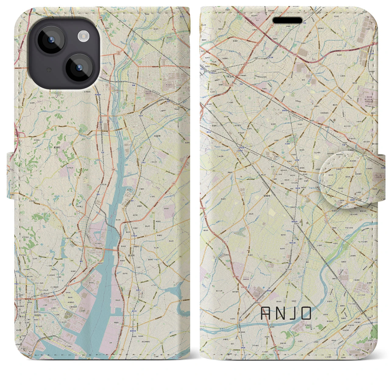 【安城(愛知県)】地図柄iPhoneケース(手帳タイプ)ナチュラル・iPhone 14 Plus 用