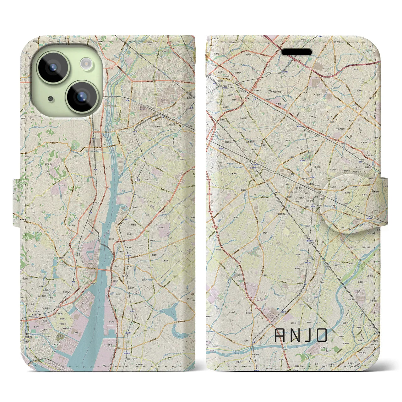 【安城(愛知県)】地図柄iPhoneケース(手帳タイプ)ナチュラル・iPhone 15 用