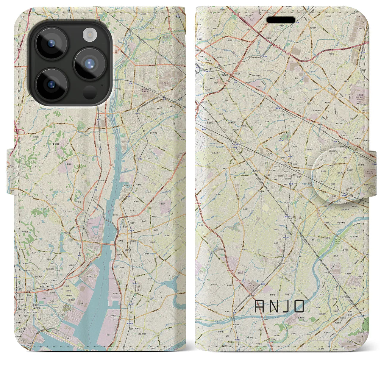 【安城(愛知県)】地図柄iPhoneケース(手帳タイプ)ナチュラル・iPhone 15 Pro Max 用