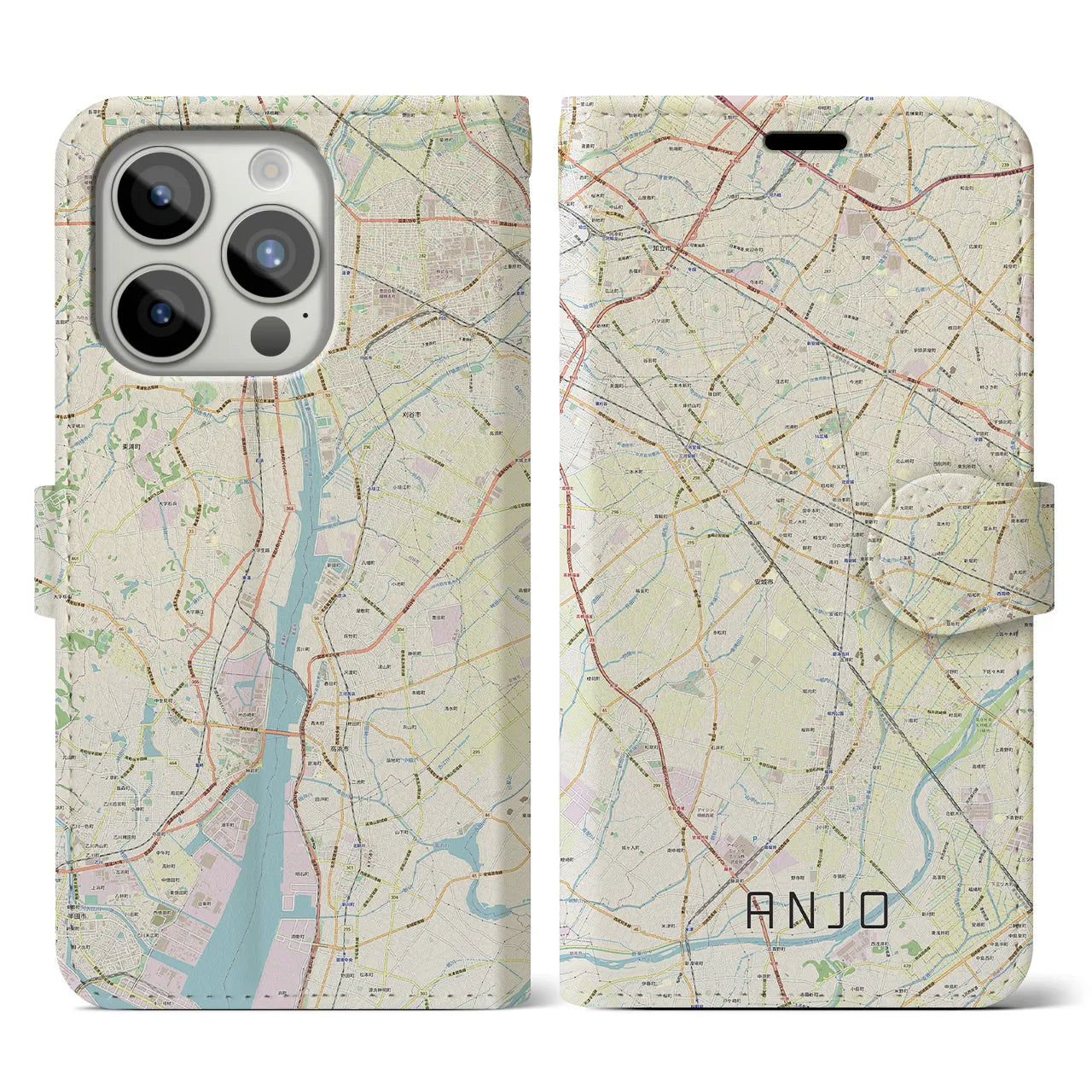 【安城(愛知県)】地図柄iPhoneケース(手帳タイプ)ナチュラル・iPhone 15 Pro 用