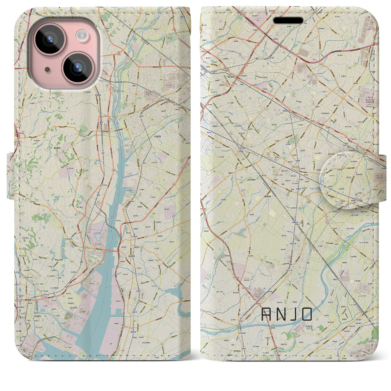 【安城(愛知県)】地図柄iPhoneケース(手帳タイプ)ナチュラル・iPhone 15 Plus 用