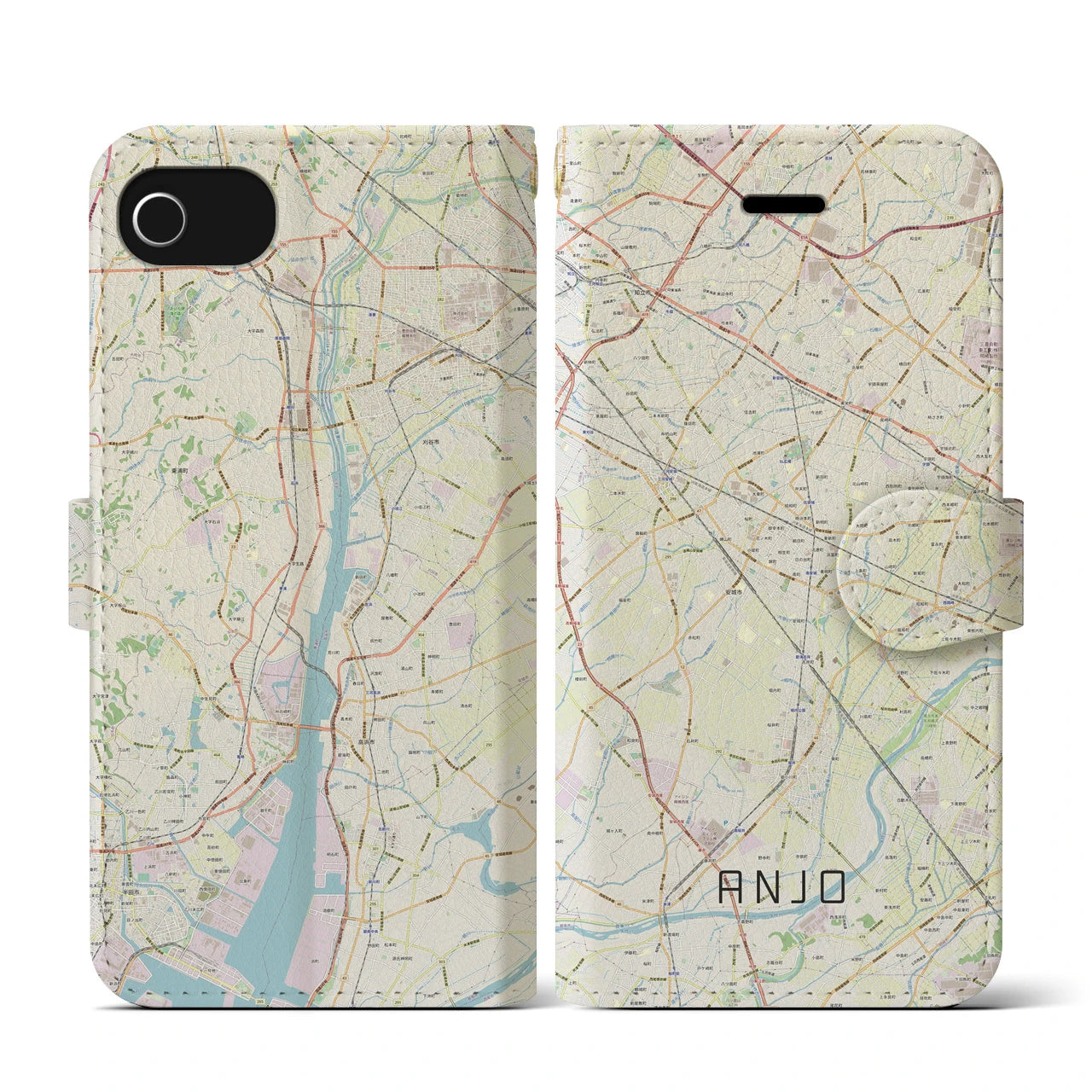【安城(愛知県)】地図柄iPhoneケース(手帳タイプ)ナチュラル・iPhone SE(第3 / 第2世代) / 8 / 7 / 6s / 6 用