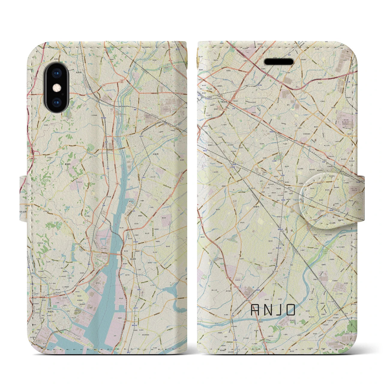【安城(愛知県)】地図柄iPhoneケース(手帳タイプ)ナチュラル・iPhone XS / X 用