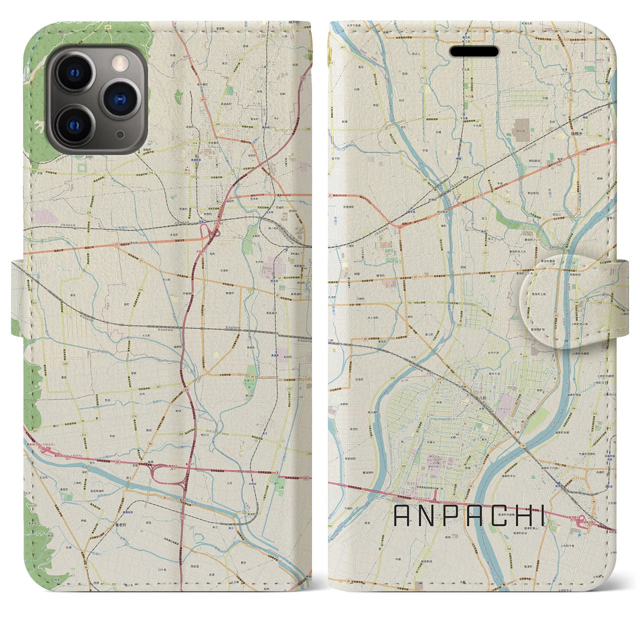 【安八(岐阜県)】地図柄iPhoneケース(手帳タイプ)ナチュラル・iPhone 11 Pro Max 用