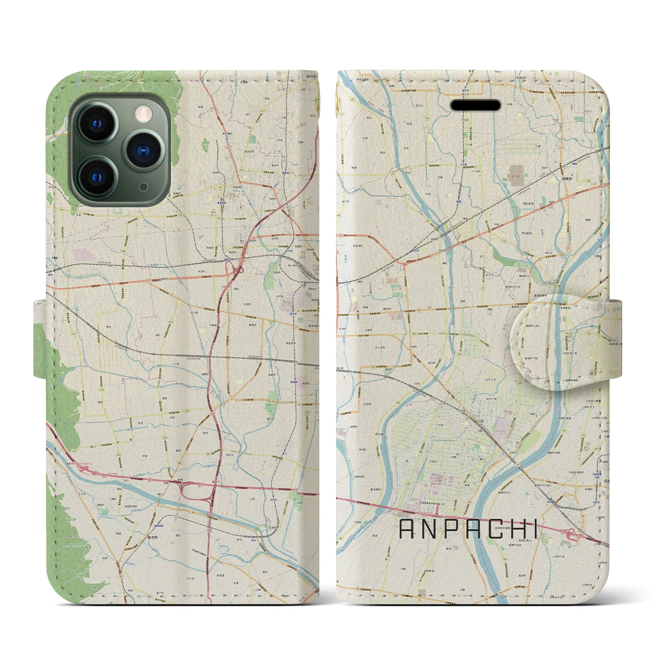 【安八(岐阜県)】地図柄iPhoneケース(手帳タイプ)ナチュラル・iPhone 11 Pro 用