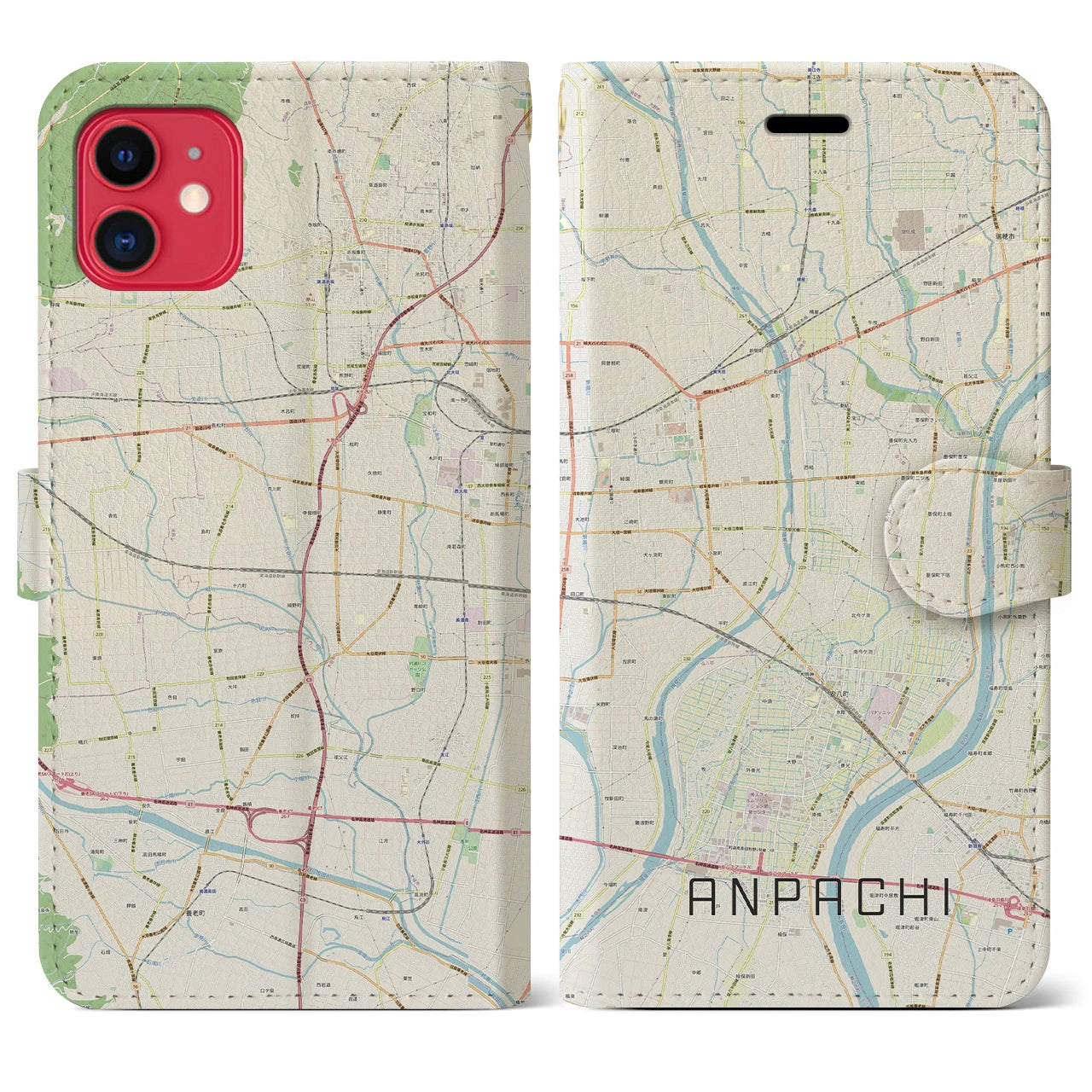 【安八(岐阜県)】地図柄iPhoneケース(手帳タイプ)ナチュラル・iPhone 11 用