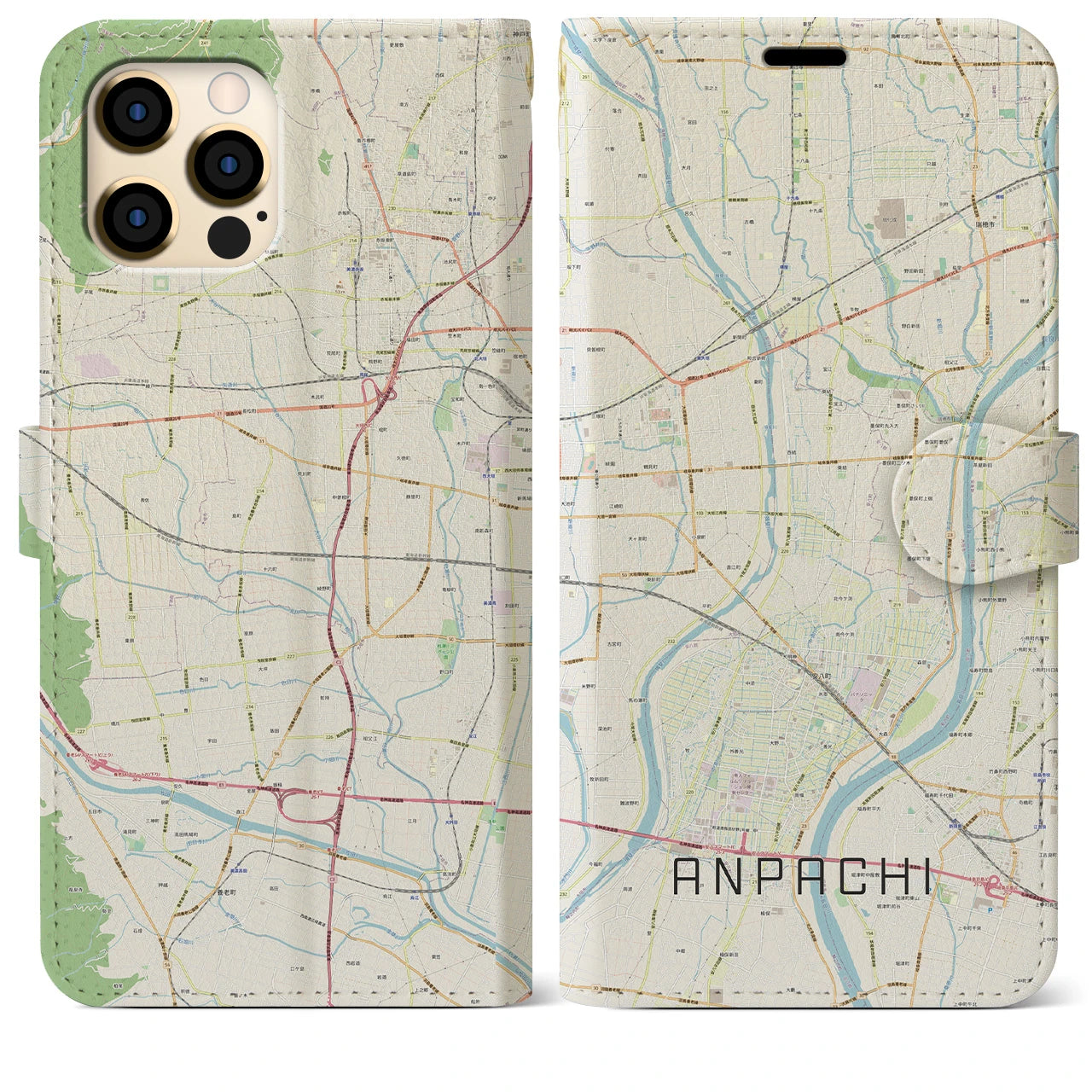 【安八(岐阜県)】地図柄iPhoneケース(手帳タイプ)ナチュラル・iPhone 12 Pro Max 用