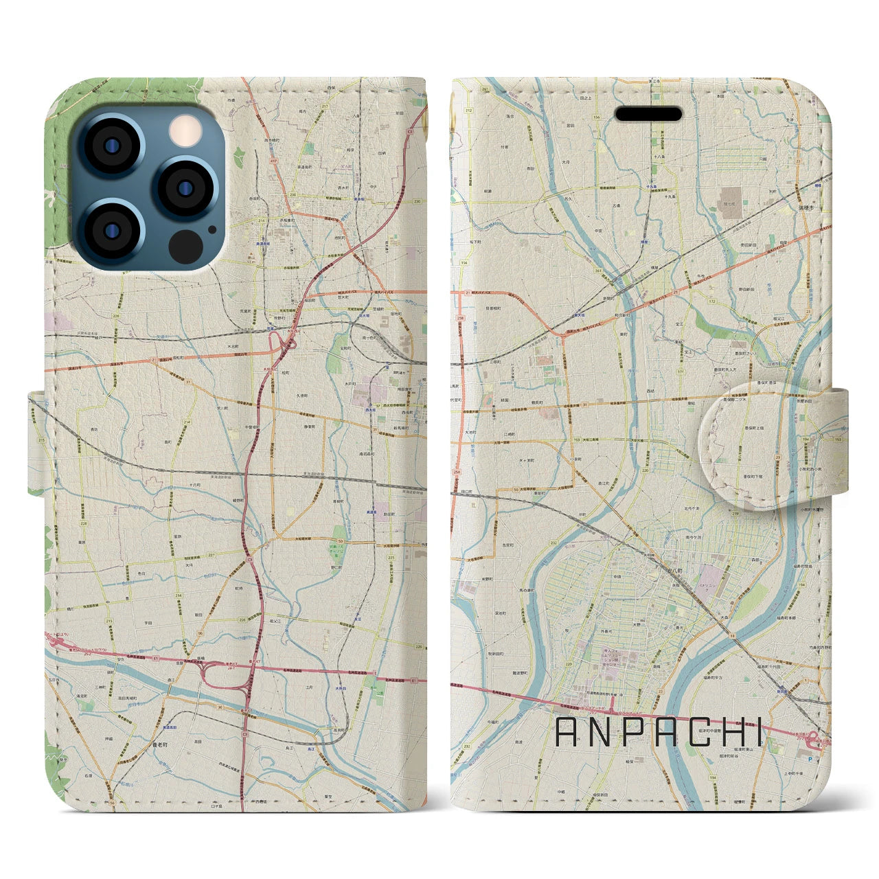 【安八(岐阜県)】地図柄iPhoneケース(手帳タイプ)ナチュラル・iPhone 12 / 12 Pro 用