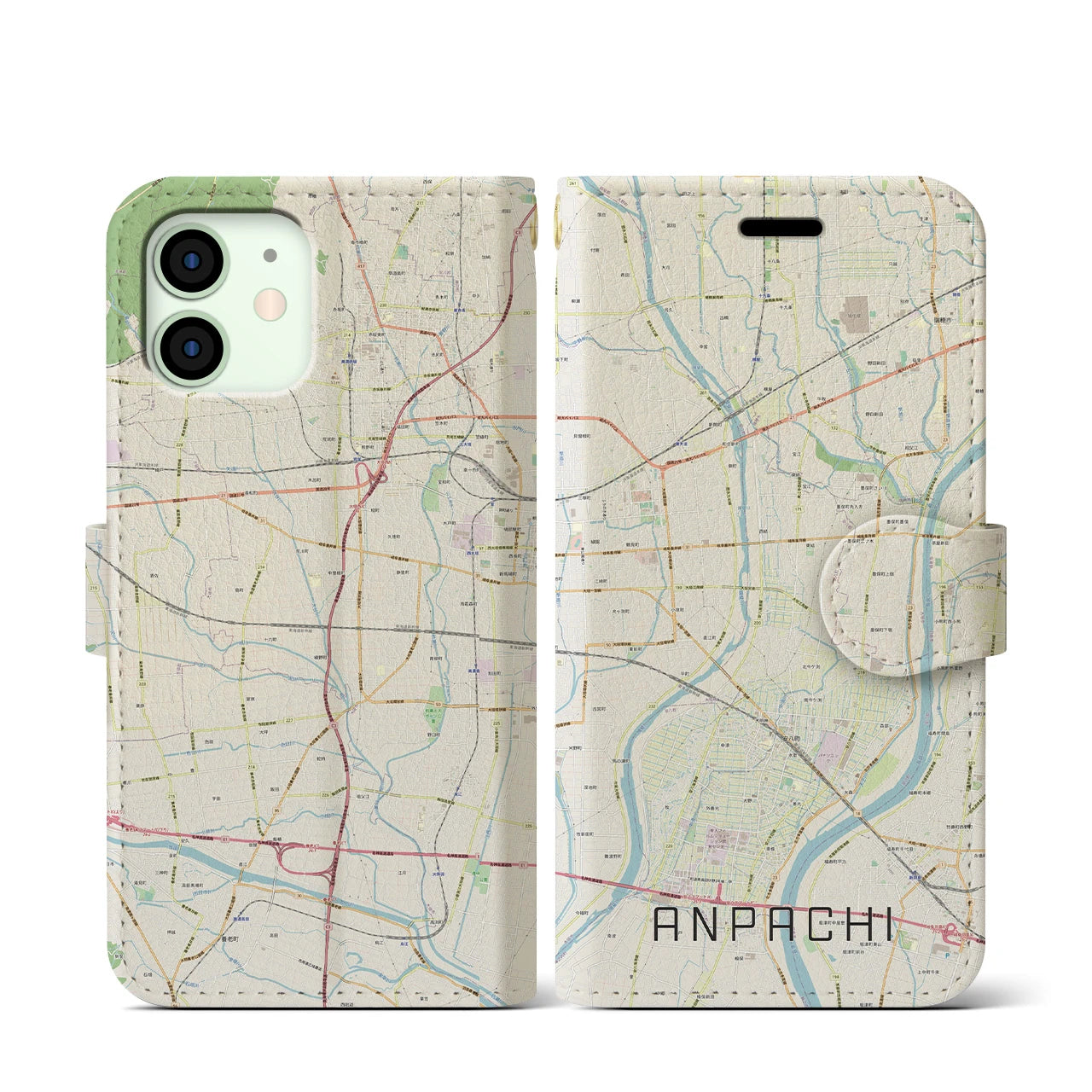 【安八(岐阜県)】地図柄iPhoneケース(手帳タイプ)ナチュラル・iPhone 12 mini 用