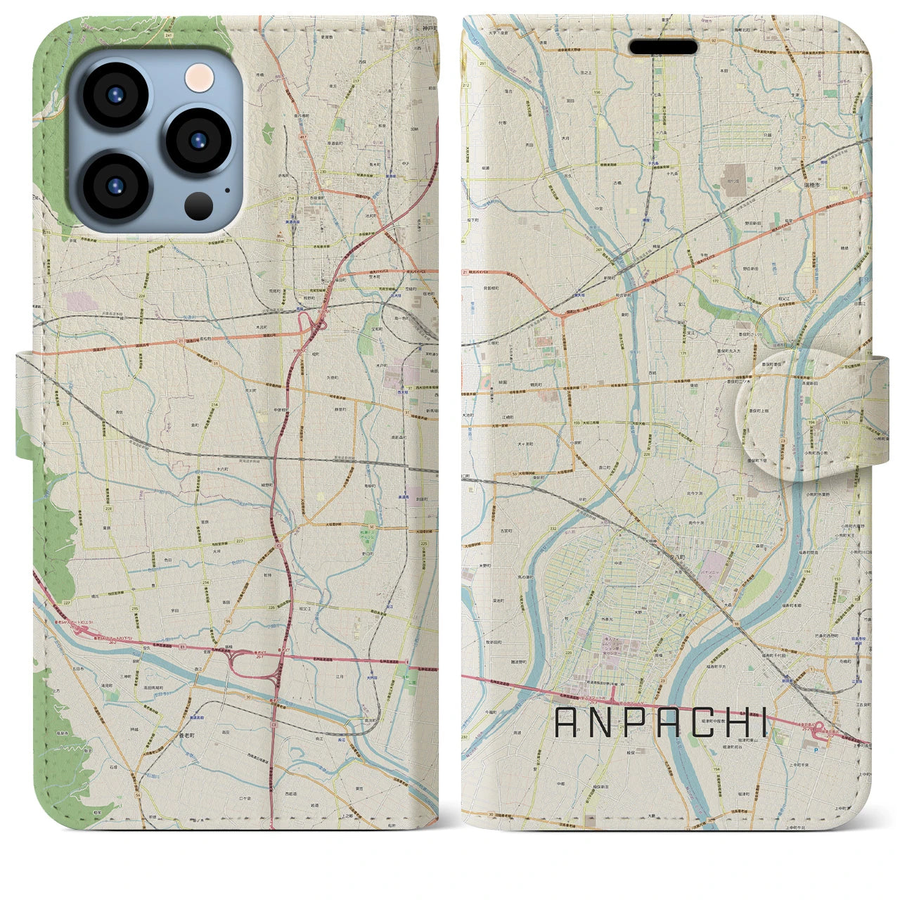 【安八(岐阜県)】地図柄iPhoneケース(手帳タイプ)ナチュラル・iPhone 13 Pro Max 用