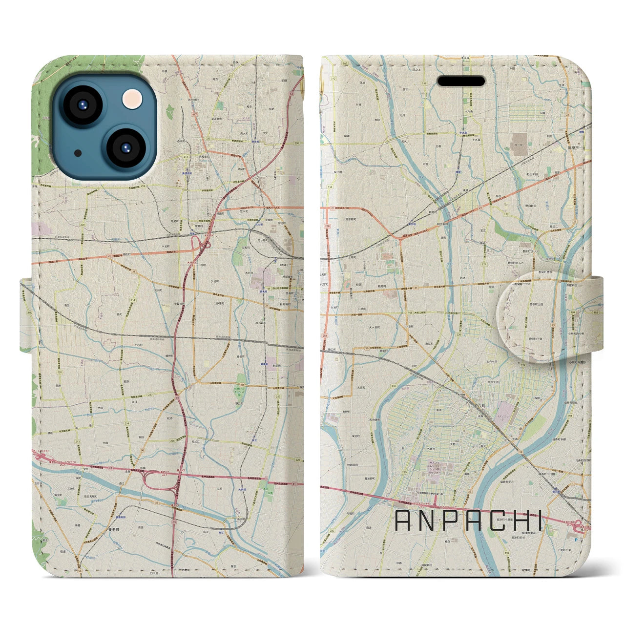 【安八(岐阜県)】地図柄iPhoneケース(手帳タイプ)ナチュラル・iPhone 13 用