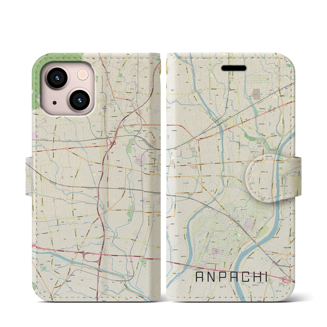 【安八(岐阜県)】地図柄iPhoneケース(手帳タイプ)ナチュラル・iPhone 13 mini 用