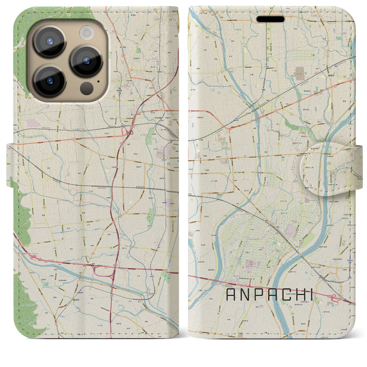 【安八(岐阜県)】地図柄iPhoneケース(手帳タイプ)ナチュラル・iPhone 14 Pro Max 用
