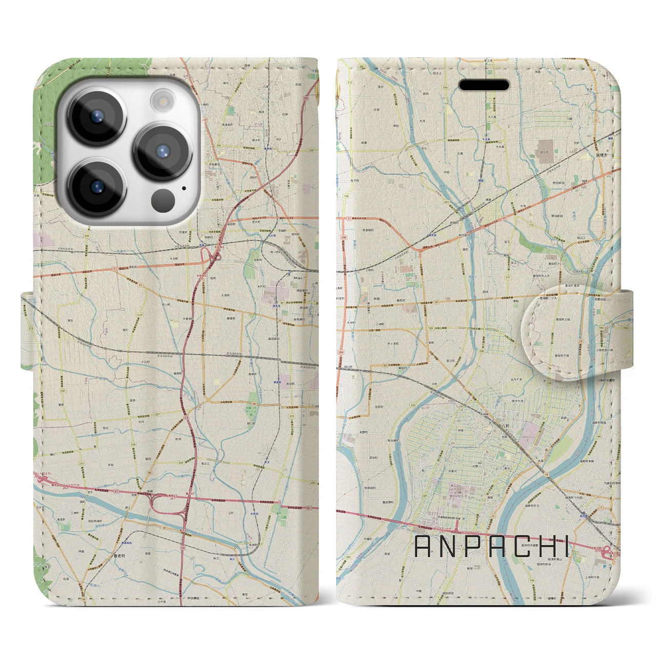 【安八(岐阜県)】地図柄iPhoneケース(手帳タイプ)ナチュラル・iPhone 14 Pro 用