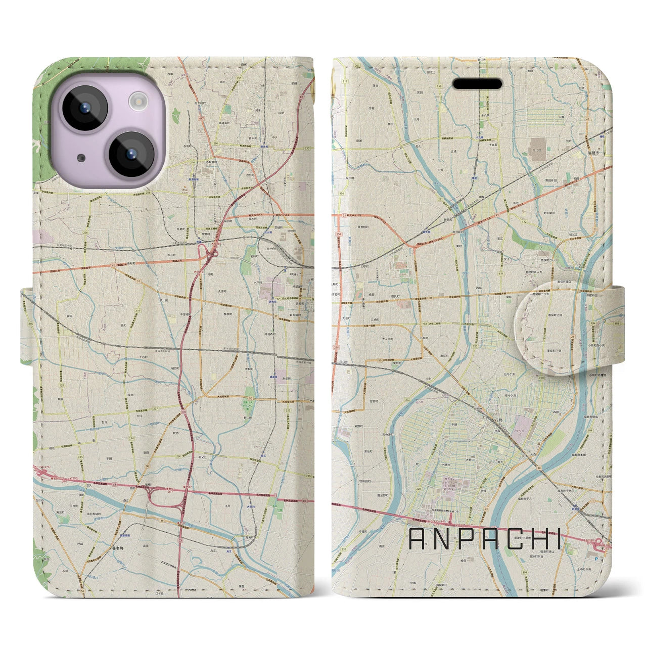 【安八(岐阜県)】地図柄iPhoneケース(手帳タイプ)ナチュラル・iPhone 14 用