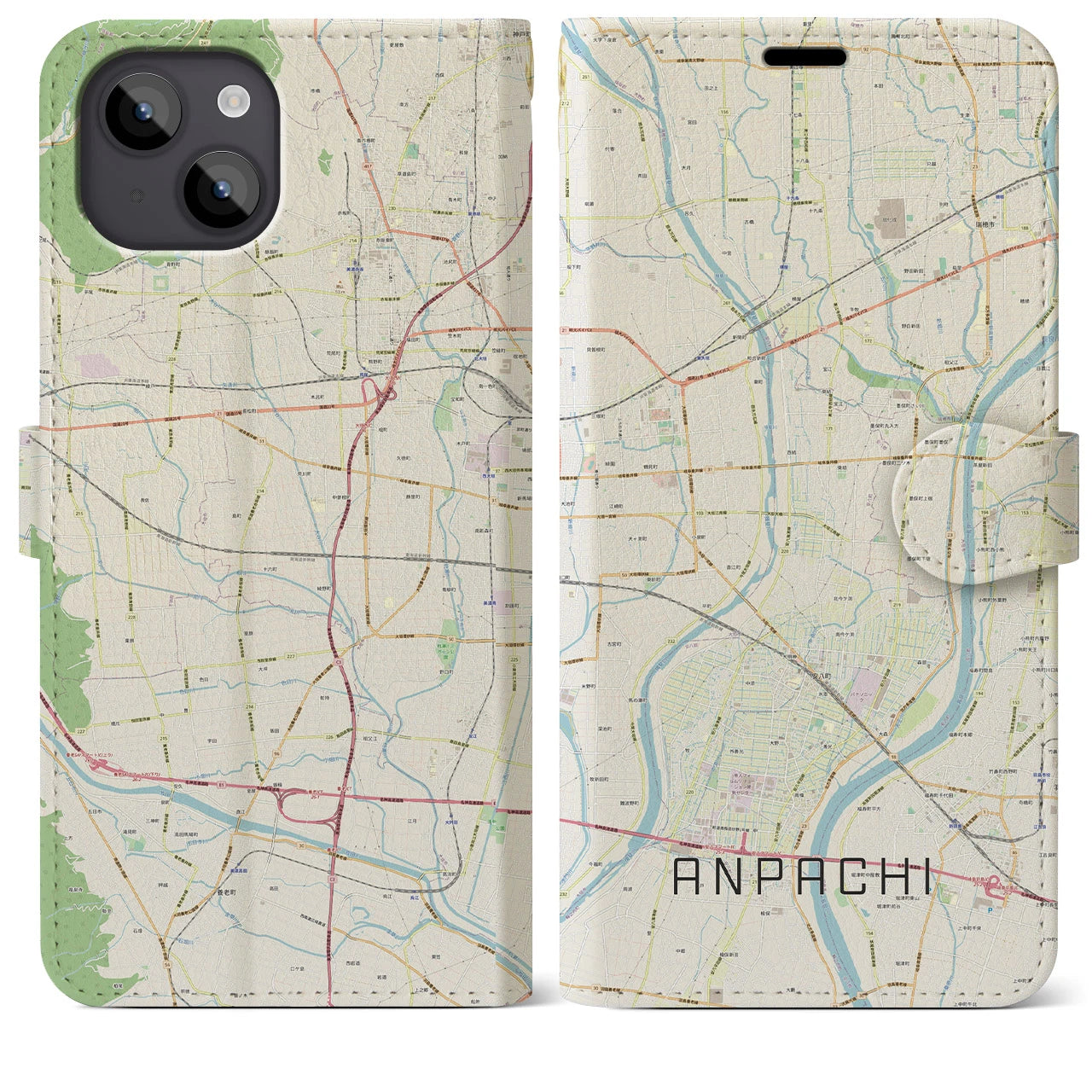 【安八(岐阜県)】地図柄iPhoneケース(手帳タイプ)ナチュラル・iPhone 14 Plus 用