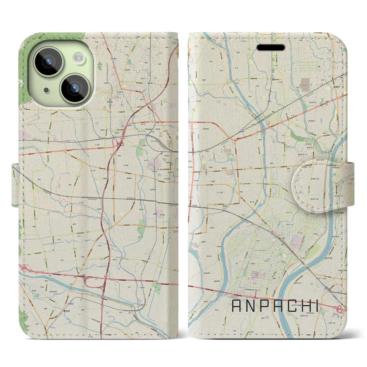 【安八(岐阜県)】地図柄iPhoneケース(手帳タイプ)ナチュラル・iPhone 15 用