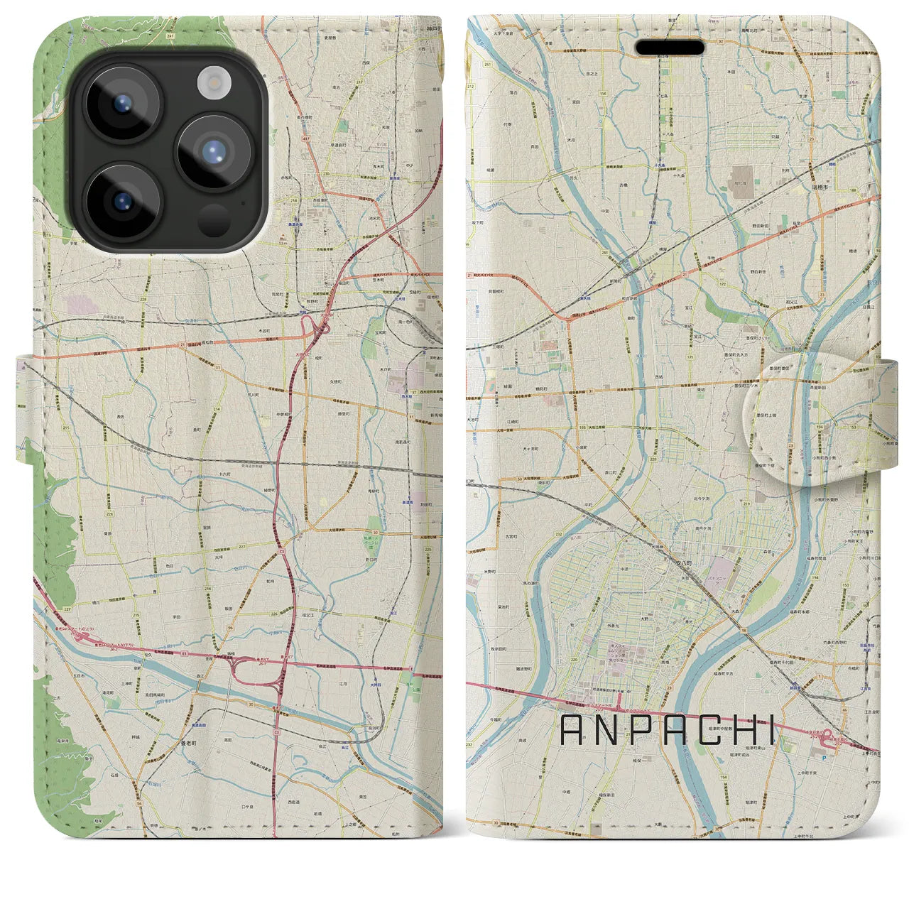 【安八(岐阜県)】地図柄iPhoneケース(手帳タイプ)ナチュラル・iPhone 15 Pro Max 用