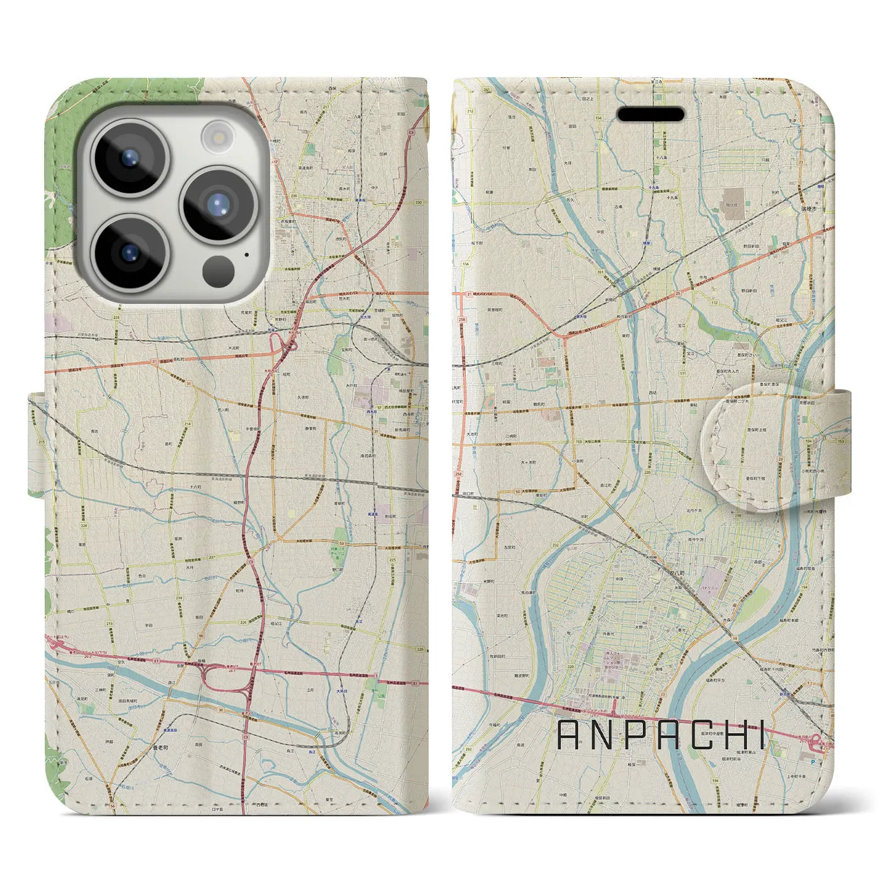 【安八(岐阜県)】地図柄iPhoneケース(手帳タイプ)ナチュラル・iPhone 15 Pro 用