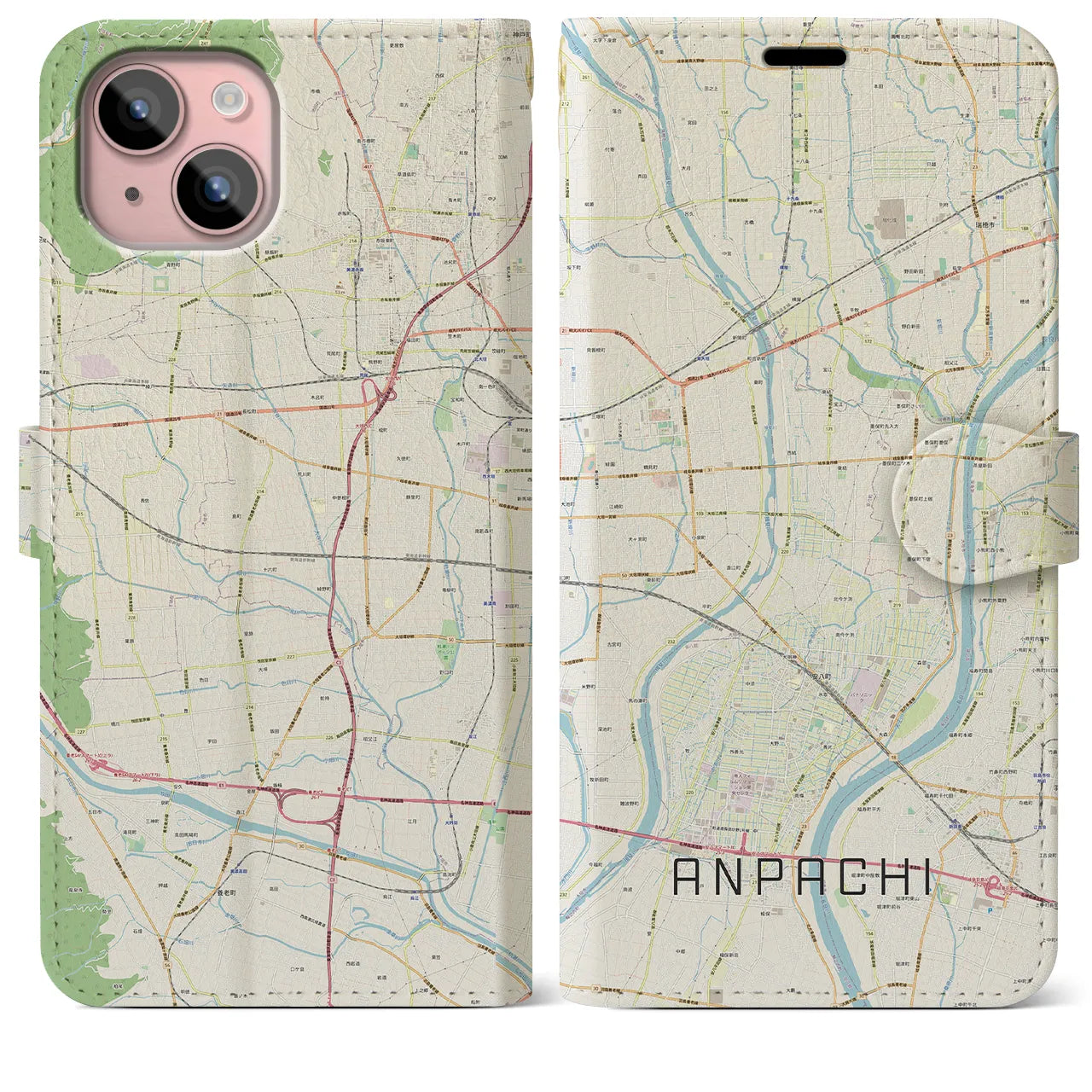 【安八(岐阜県)】地図柄iPhoneケース(手帳タイプ)ナチュラル・iPhone 15 Plus 用