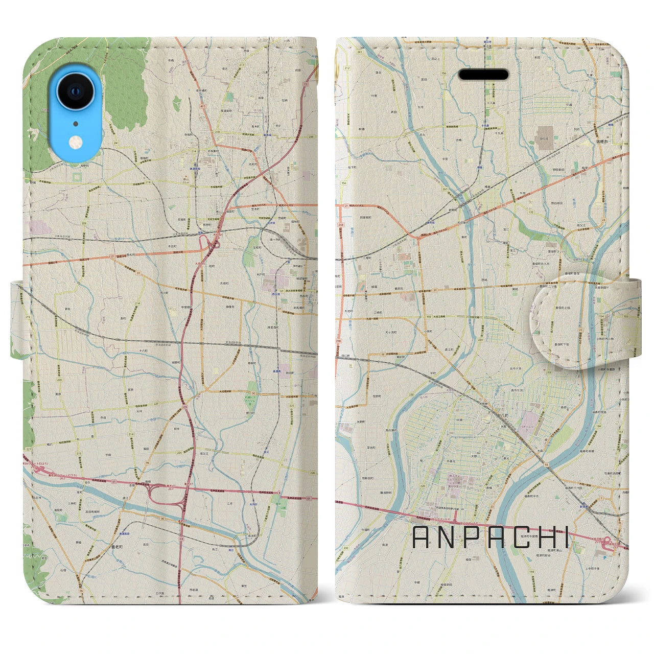【安八(岐阜県)】地図柄iPhoneケース(手帳タイプ)ナチュラル・iPhone XR 用