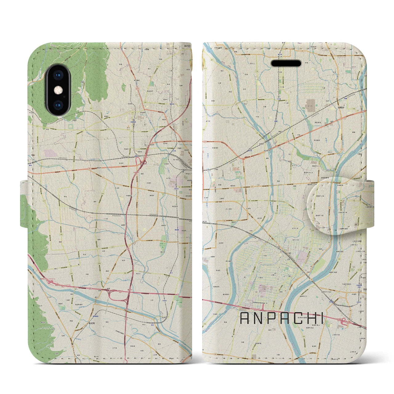 【安八(岐阜県)】地図柄iPhoneケース(手帳タイプ)ナチュラル・iPhone XS / X 用