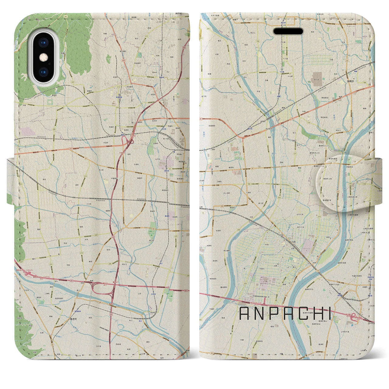 【安八(岐阜県)】地図柄iPhoneケース(手帳タイプ)ナチュラル・iPhone XS Max 用