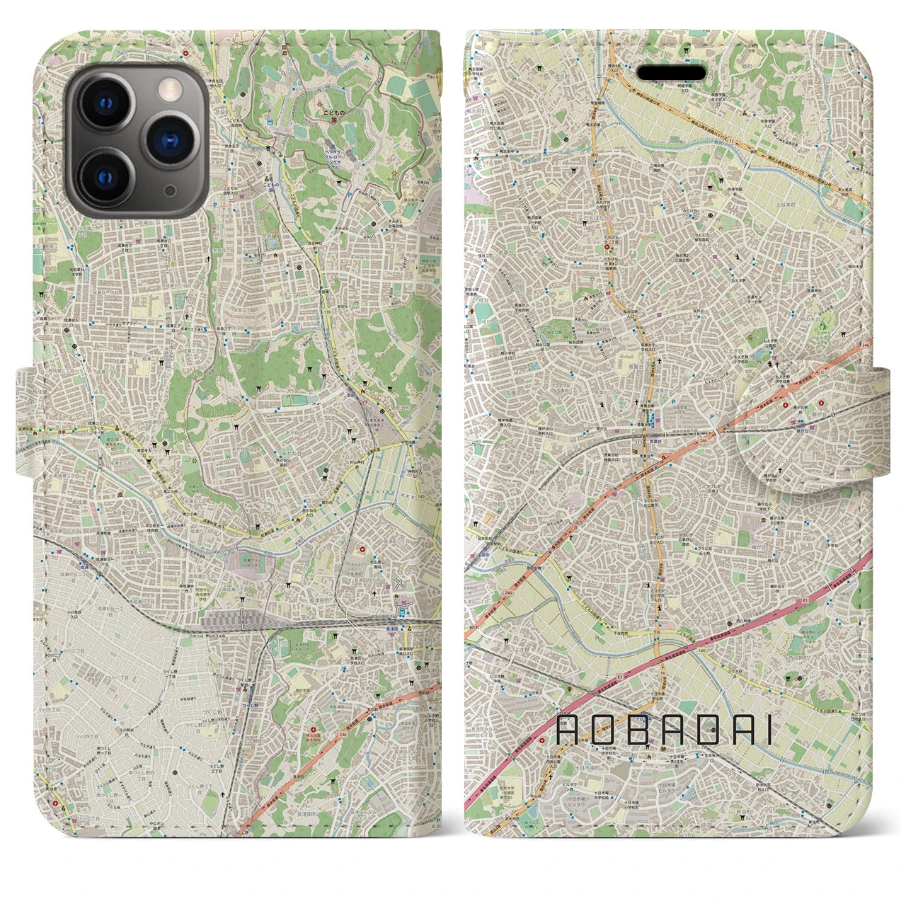 【青葉台(神奈川県)】地図柄iPhoneケース(手帳タイプ)ナチュラル・iPhone 11 Pro Max 用