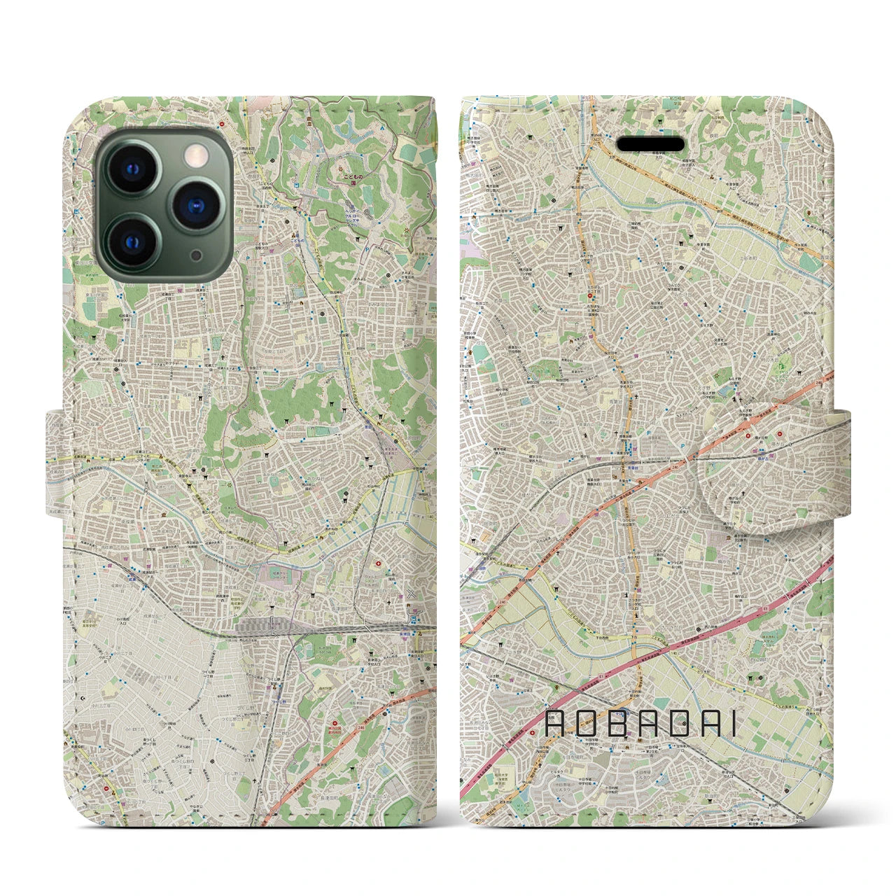 【青葉台(神奈川県)】地図柄iPhoneケース(手帳タイプ)ナチュラル・iPhone 11 Pro 用