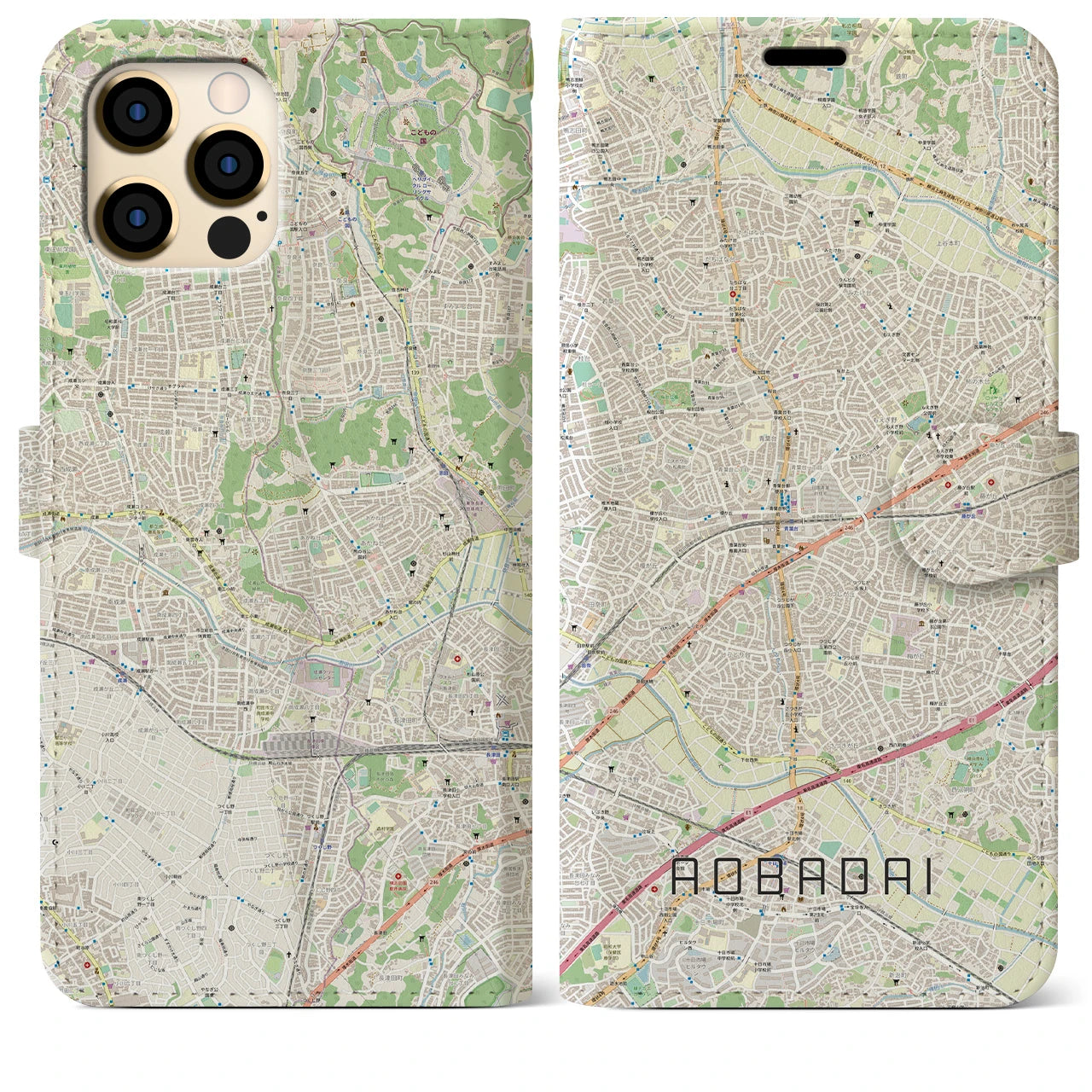 【青葉台(神奈川県)】地図柄iPhoneケース(手帳タイプ)ナチュラル・iPhone 12 Pro Max 用