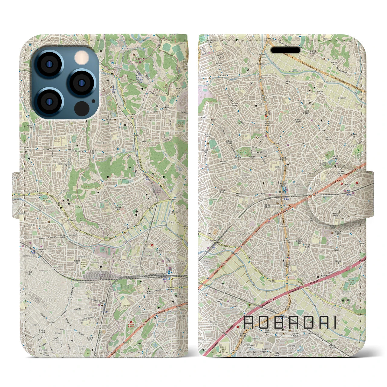 【青葉台(神奈川県)】地図柄iPhoneケース(手帳タイプ)ナチュラル・iPhone 12 / 12 Pro 用