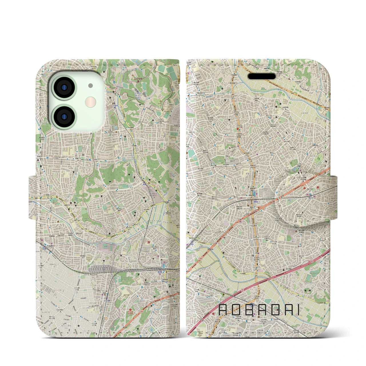 【青葉台(神奈川県)】地図柄iPhoneケース(手帳タイプ)ナチュラル・iPhone 12 mini 用