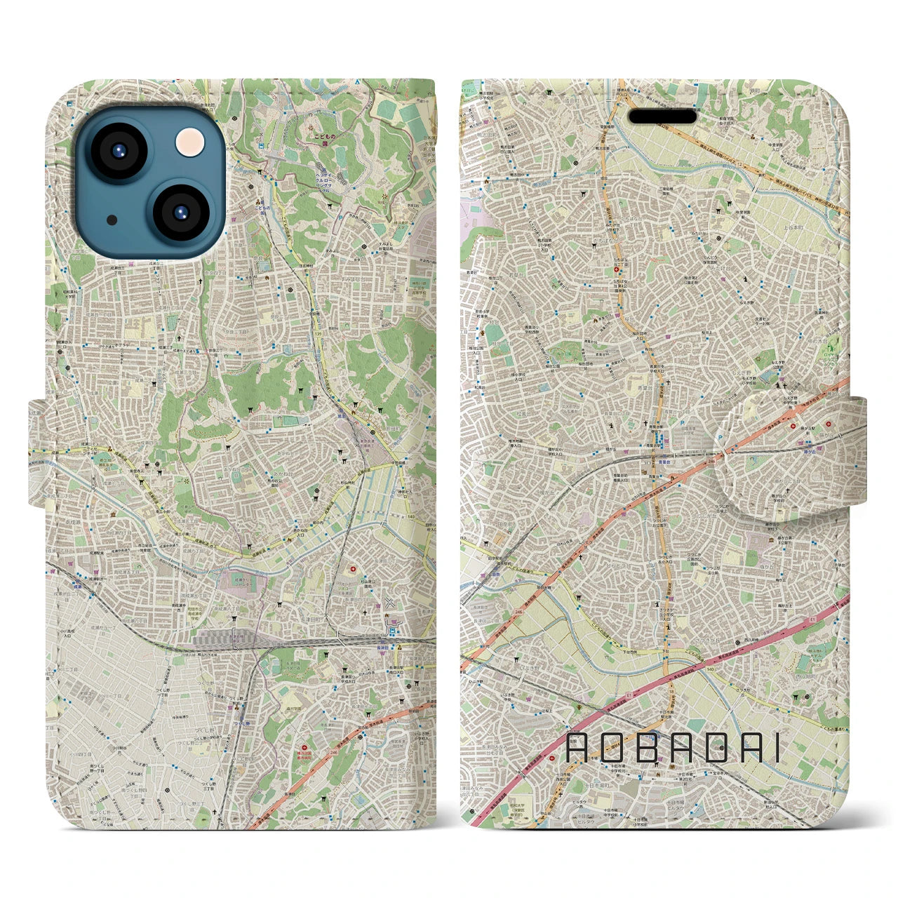【青葉台(神奈川県)】地図柄iPhoneケース(手帳タイプ)ナチュラル・iPhone 13 用
