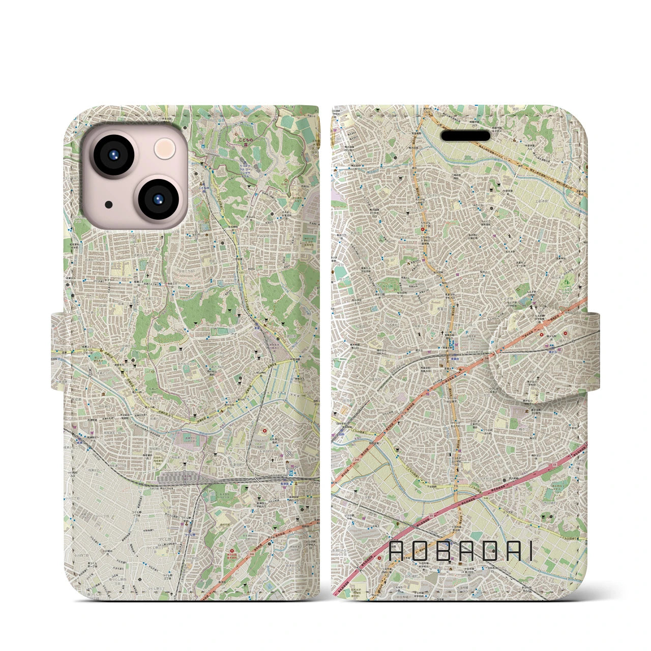 【青葉台(神奈川県)】地図柄iPhoneケース(手帳タイプ)ナチュラル・iPhone 13 mini 用