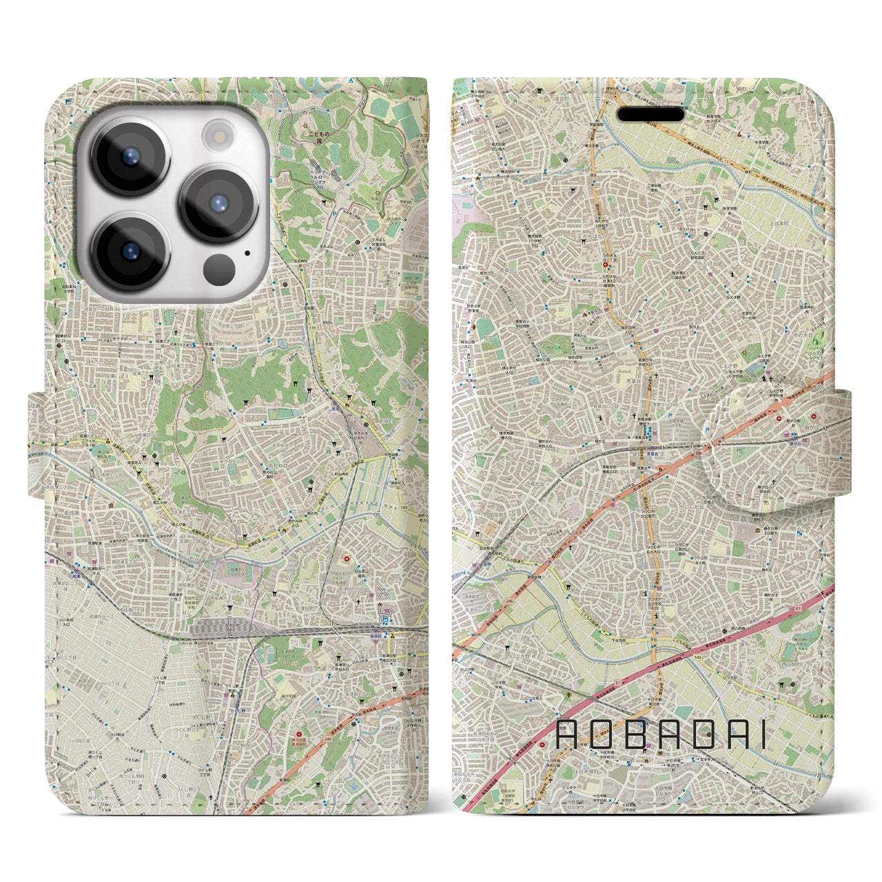 【青葉台(神奈川県)】地図柄iPhoneケース(手帳タイプ)ナチュラル・iPhone 14 Pro 用