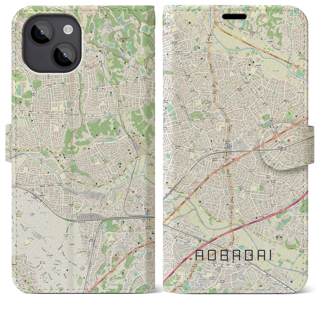 【青葉台(神奈川県)】地図柄iPhoneケース(手帳タイプ)ナチュラル・iPhone 14 Plus 用