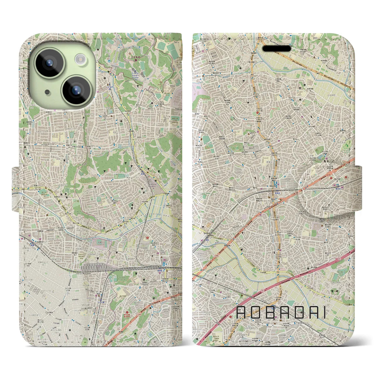 【青葉台(神奈川県)】地図柄iPhoneケース(手帳タイプ)ナチュラル・iPhone 15 用