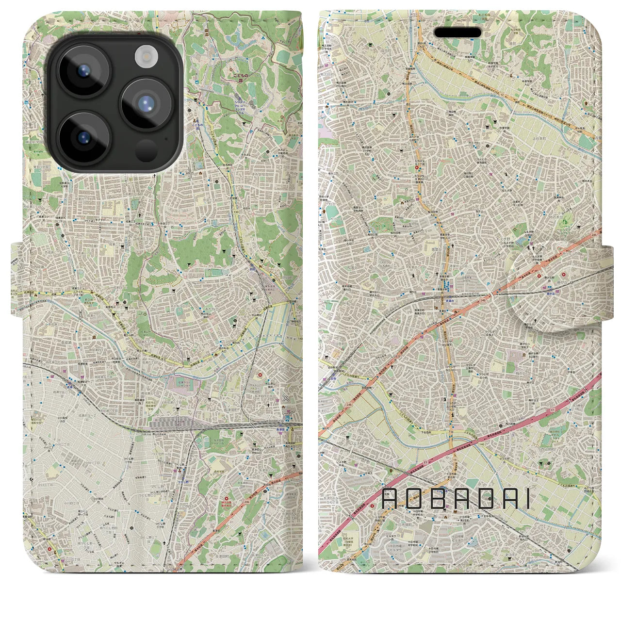 【青葉台(神奈川県)】地図柄iPhoneケース(手帳タイプ)ナチュラル・iPhone 15 Pro Max 用