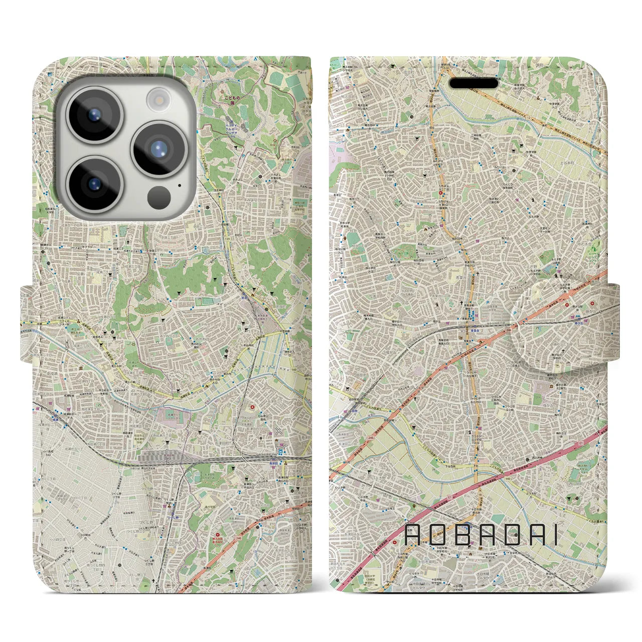 【青葉台(神奈川県)】地図柄iPhoneケース(手帳タイプ)ナチュラル・iPhone 15 Pro 用