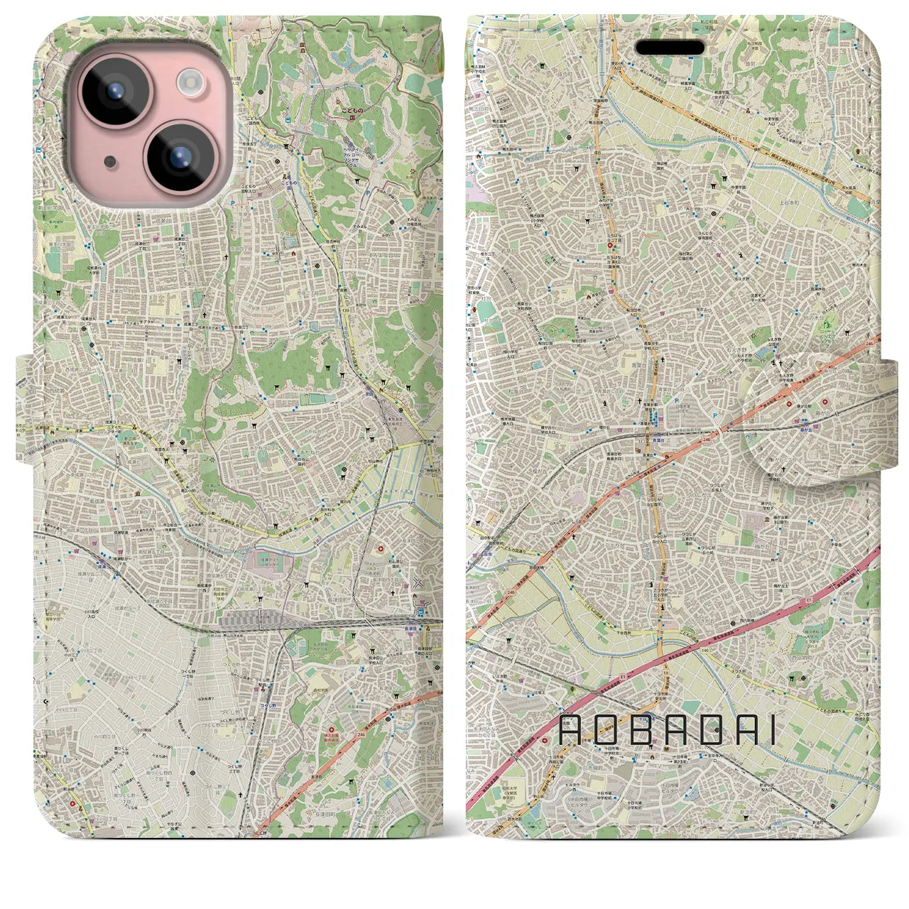 【青葉台(神奈川県)】地図柄iPhoneケース(手帳タイプ)ナチュラル・iPhone 15 Plus 用