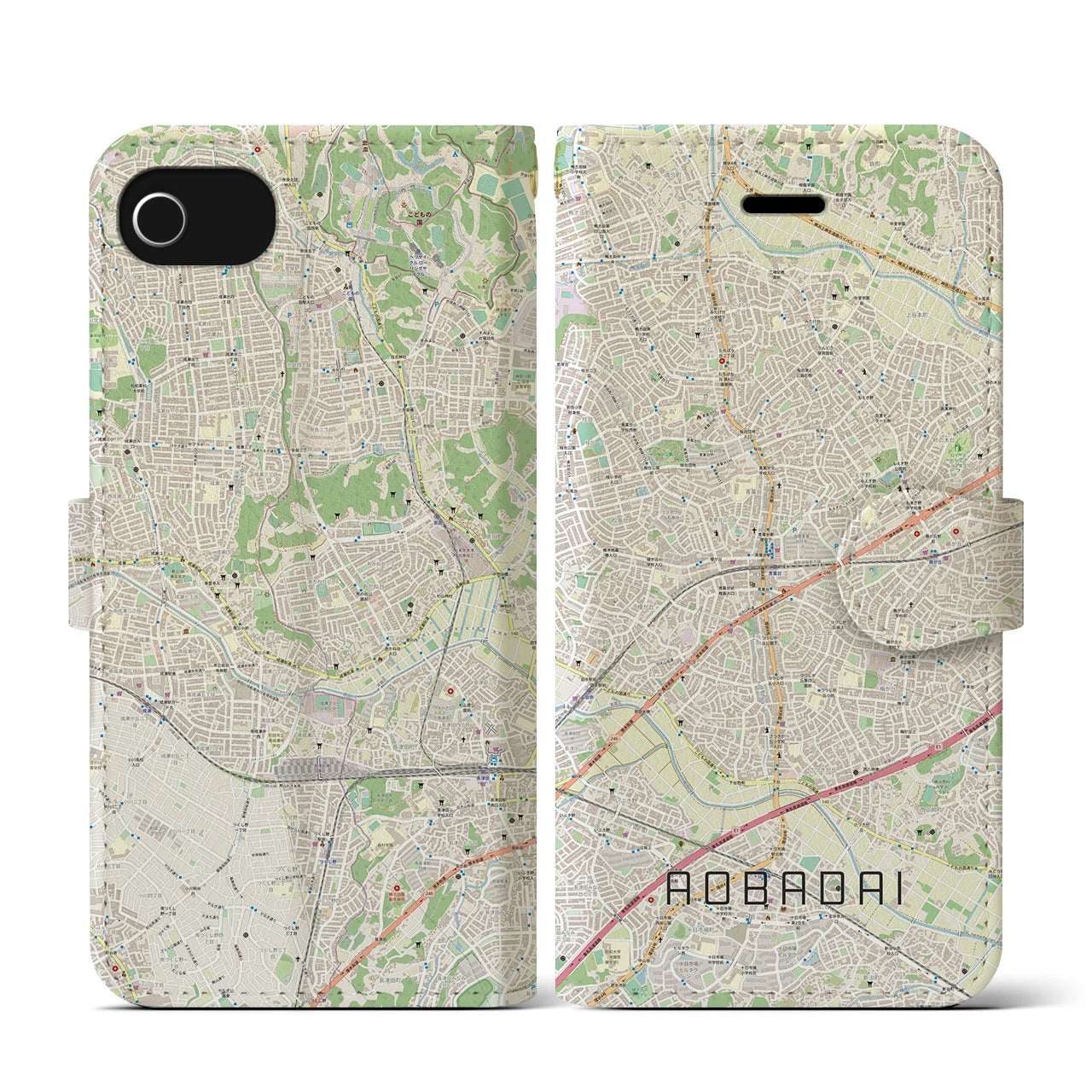 【青葉台(神奈川県)】地図柄iPhoneケース(手帳タイプ)ナチュラル・iPhone SE(第3 / 第2世代) / 8 / 7 / 6s / 6 用