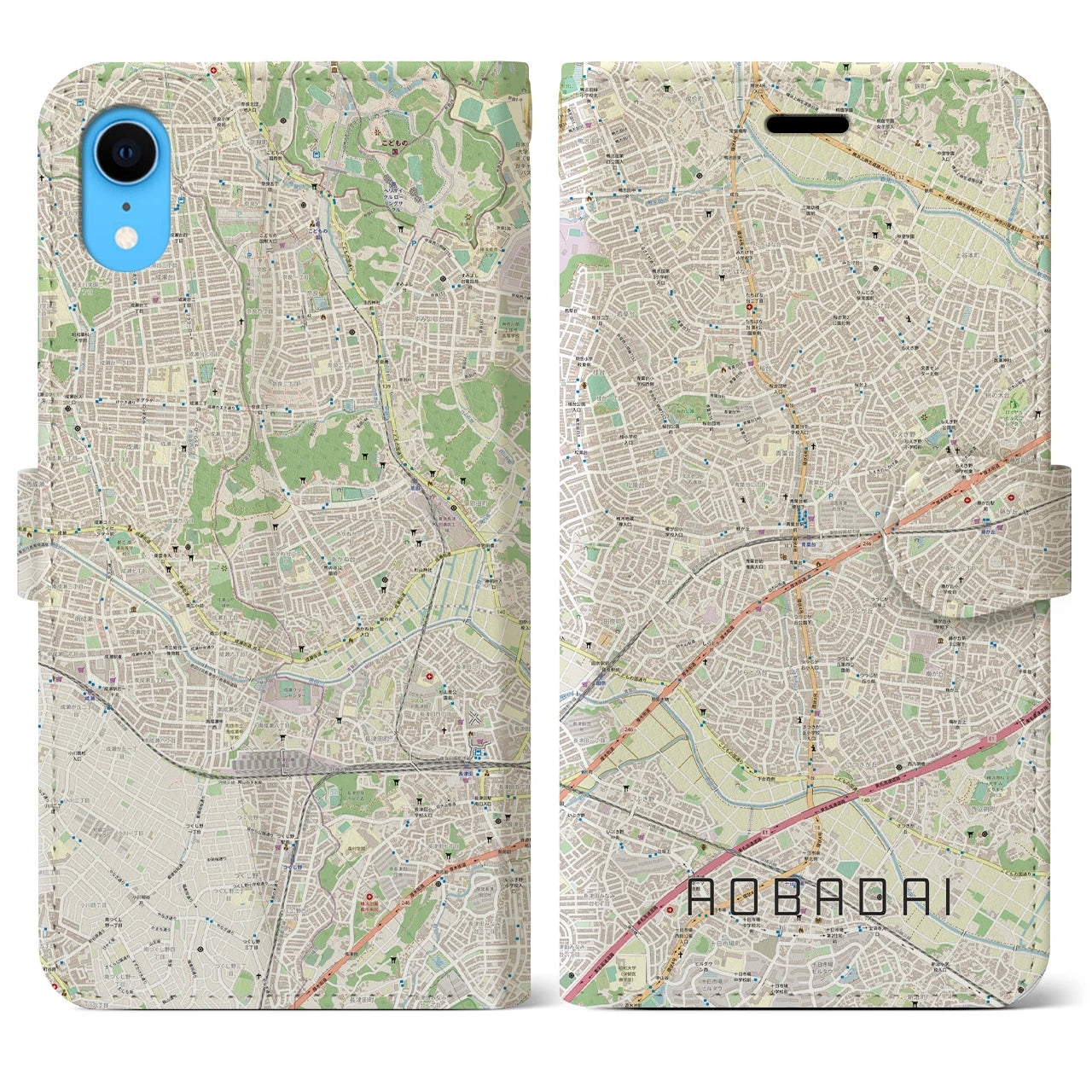 【青葉台(神奈川県)】地図柄iPhoneケース(手帳タイプ)ナチュラル・iPhone XR 用