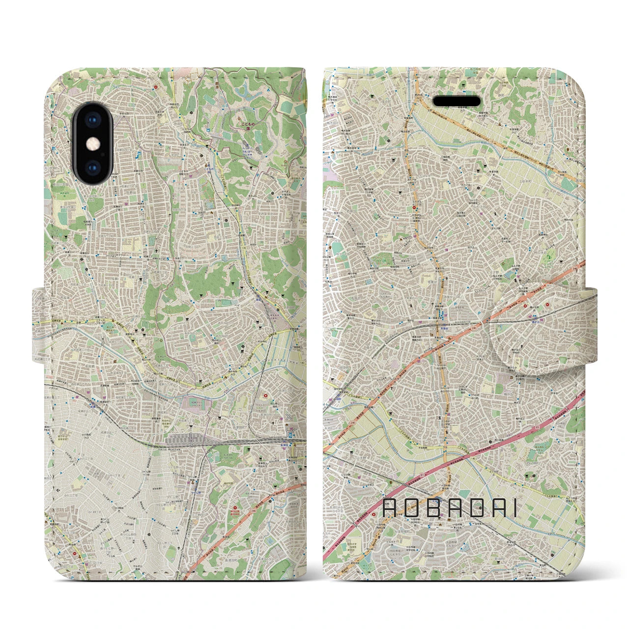 【青葉台(神奈川県)】地図柄iPhoneケース(手帳タイプ)ナチュラル・iPhone XS / X 用