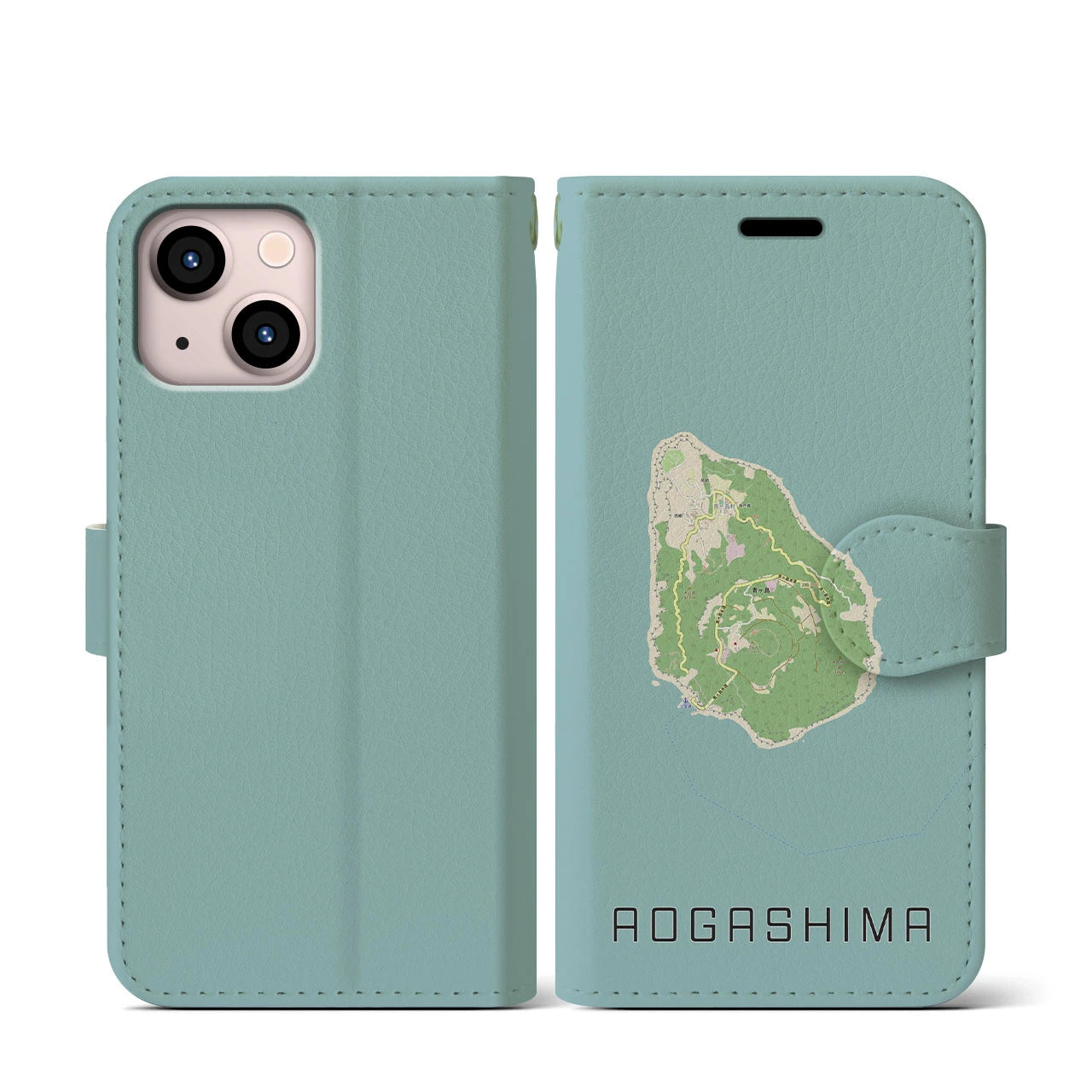【青ヶ島(東京都)】地図柄iPhoneケース(手帳タイプ)ナチュラル・iPhone 13 mini 用